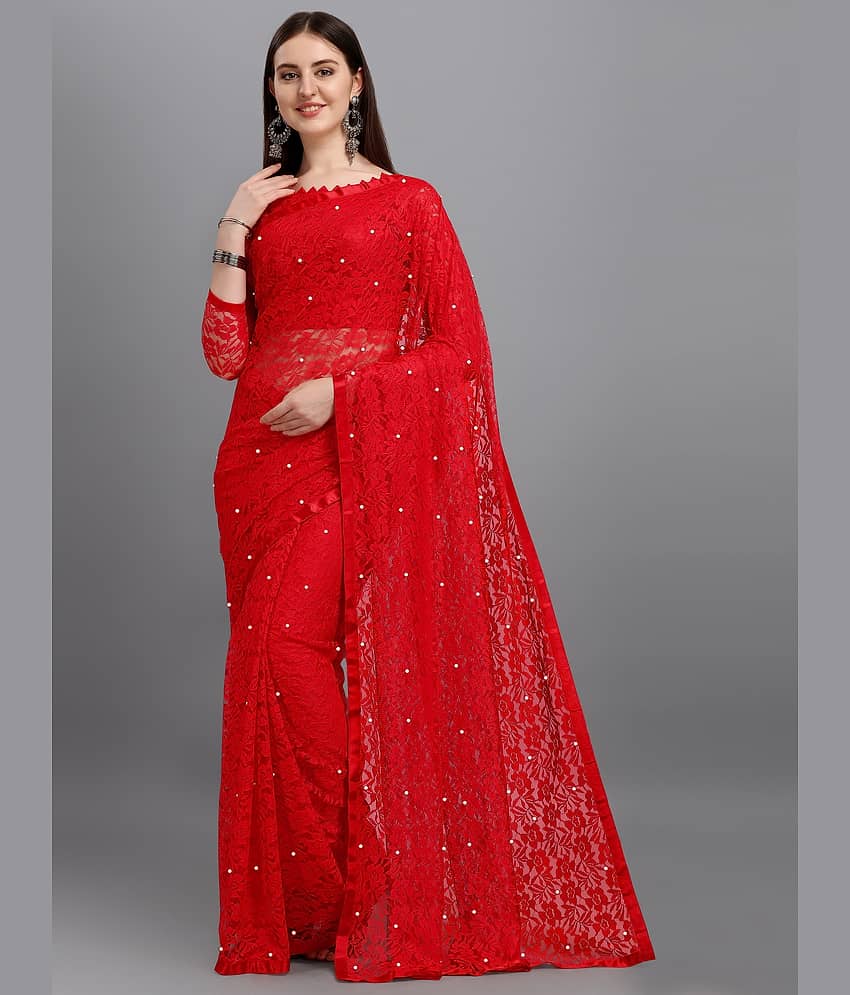 VANRAJ CREATION Net Self Design Saree With Unstitched Blouse Piece ( Red ) - Sarees | Buy online on ZillyBuy