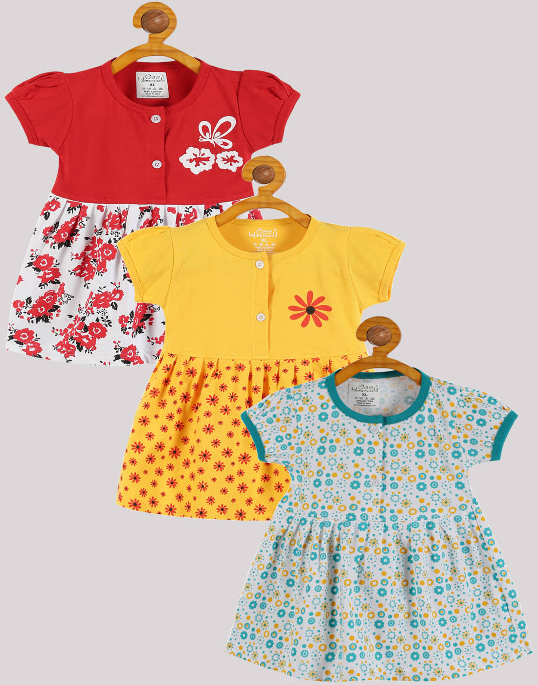 Babeezworld Pack of 3 Baby Girls Cotton Frock ( Multi )