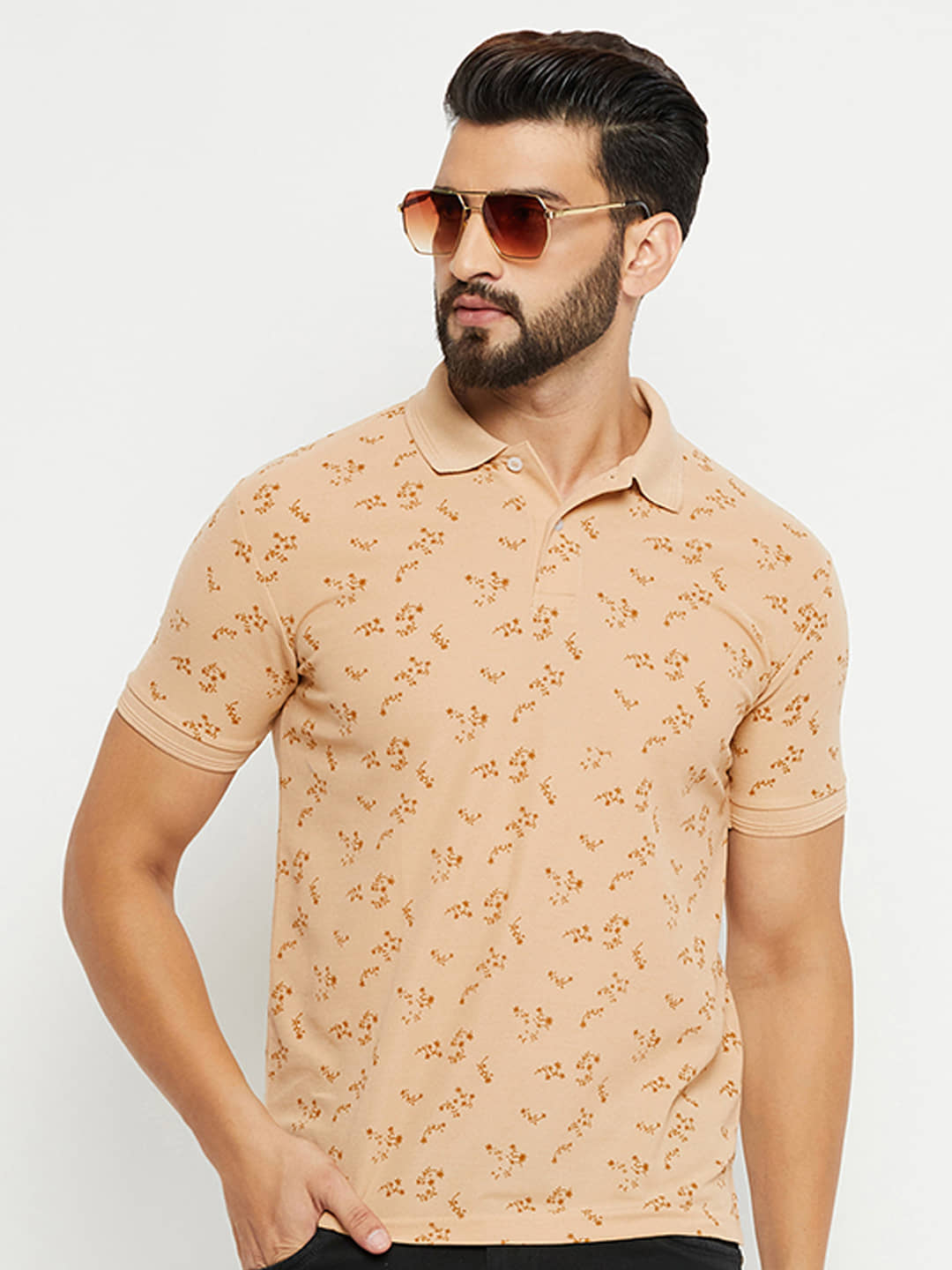 GET GOLF Pack of 1 Cotton Blend Regular Fit Printed Half Sleeves Men's Polo T Shirt ( Beige )