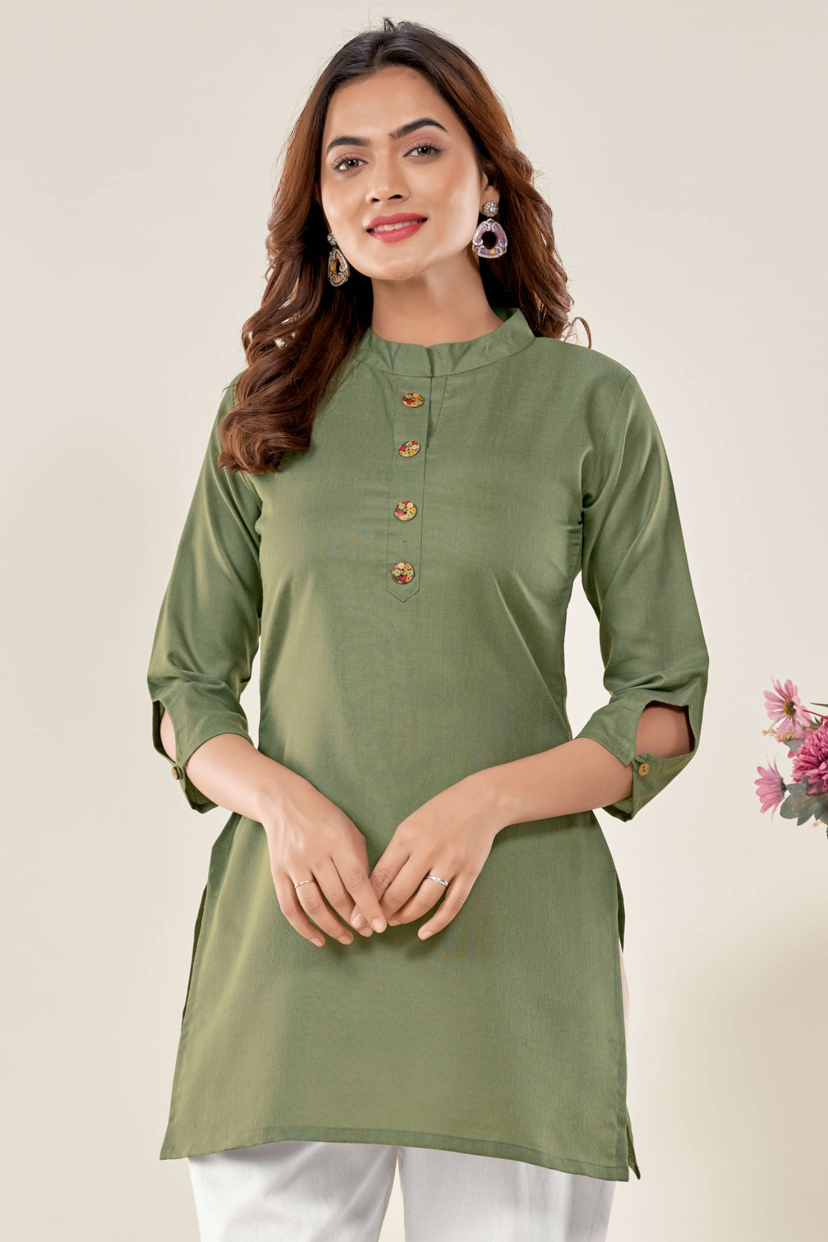     			Glomee Women's Cotton Blend Tunic ( Green )
