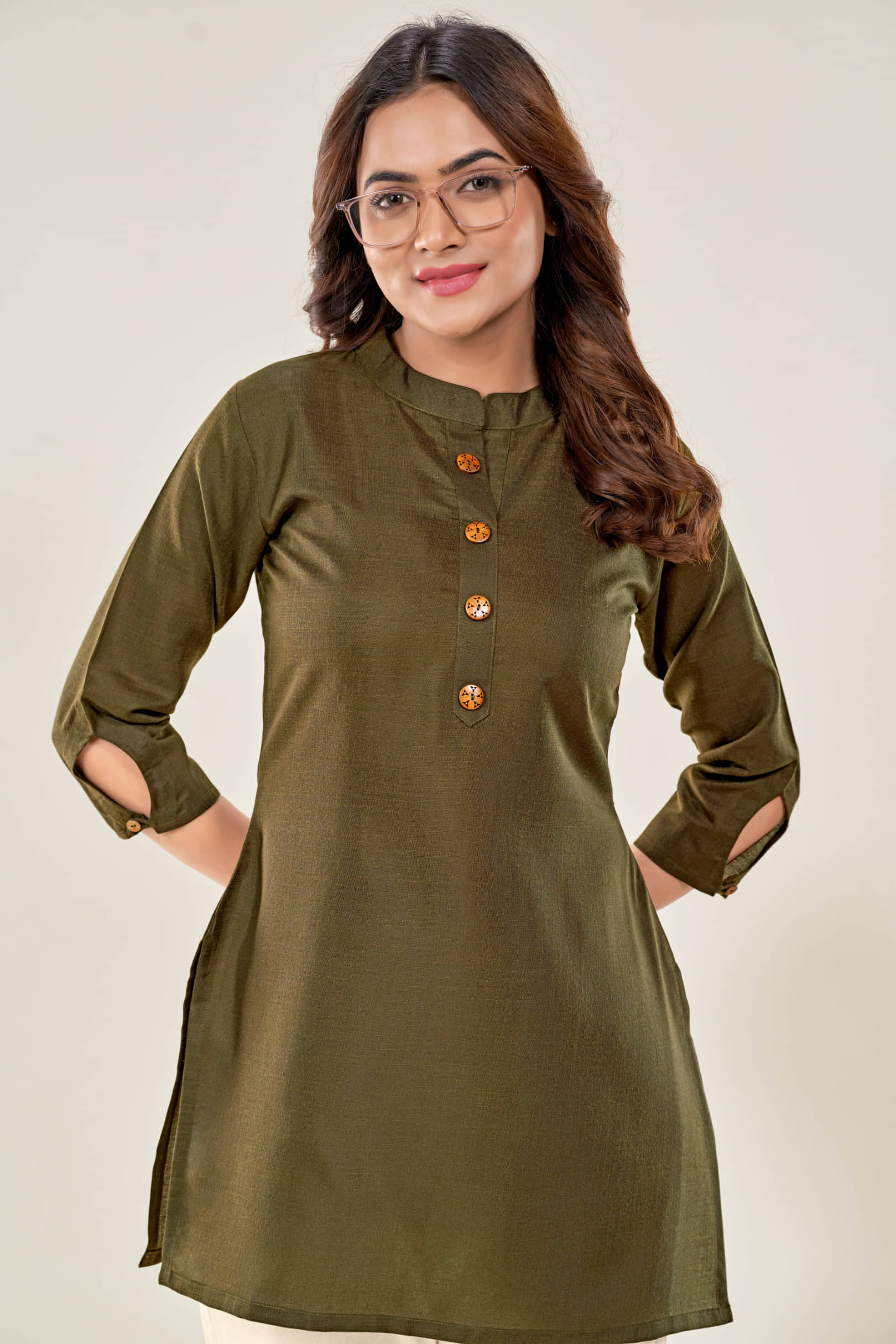 Glomee Women's Cotton Blend Tunic ( Olive )