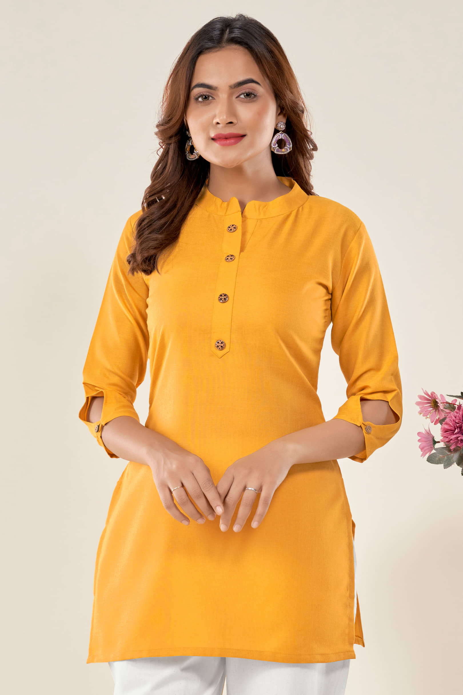 Glomee Women's Cotton Blend Tunic ( Yellow )