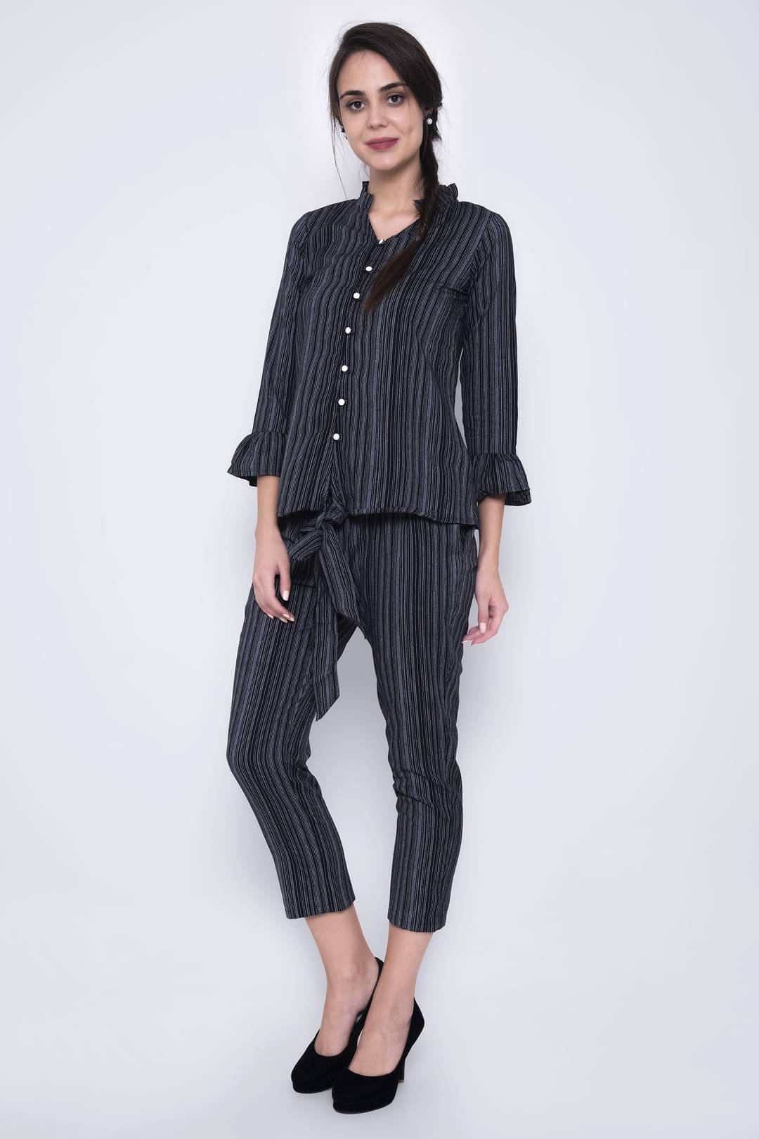     			GOD BLESS Women Striped Top With Trousers Co-Ord Set ( Black )