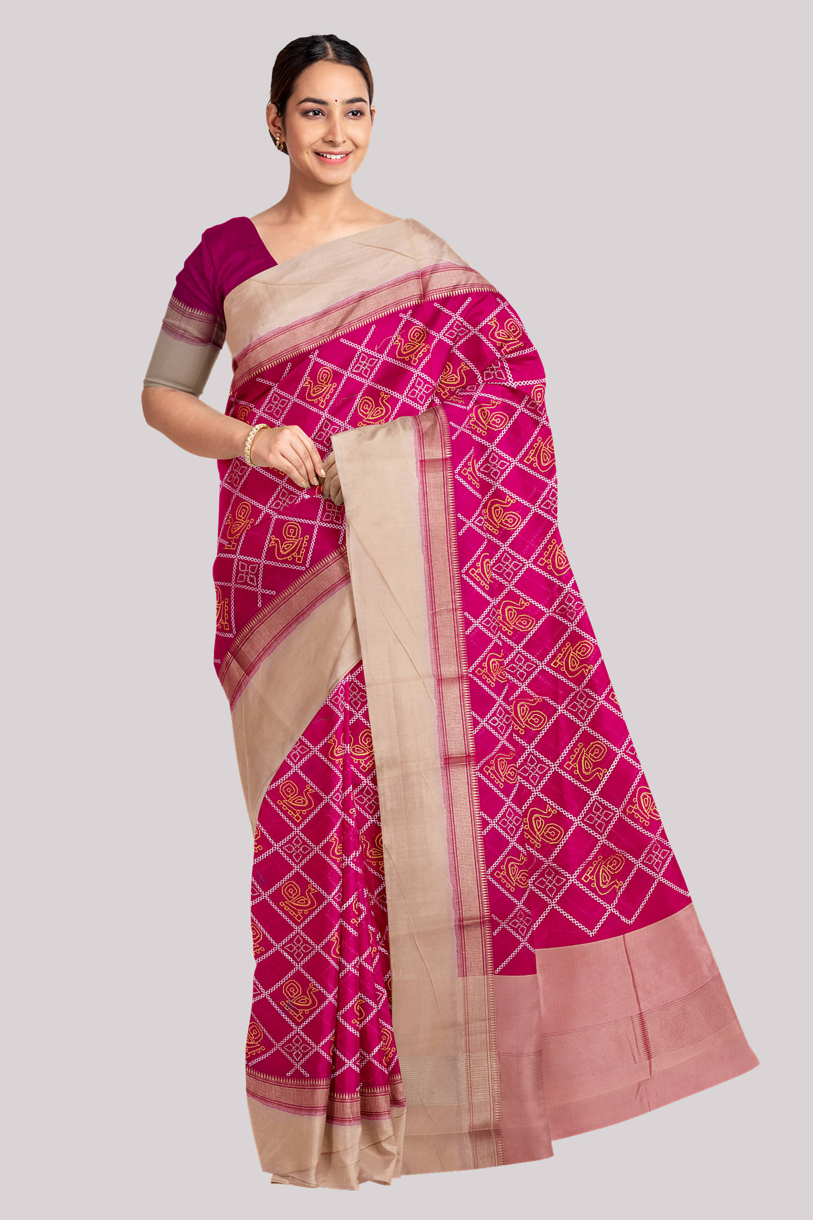     			KSR HANDLOOM PVT LTD Cotton Blend Printed Saree With Unstitched Blouse Piece ( Pink )