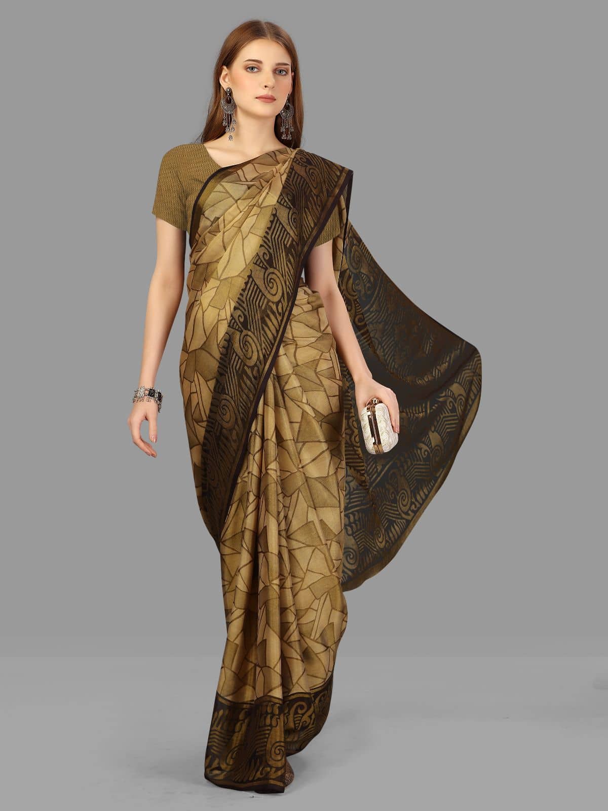 Sanwariya Silks Brasso Printed Saree With Unstitched Blouse Piece ( Khaki ) - Sarees | Buy online on ZillyBuy
