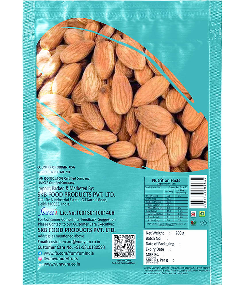 YUM YUM 100% Natural Premium Californian Badam Dry Fruits Almonds (200 g)