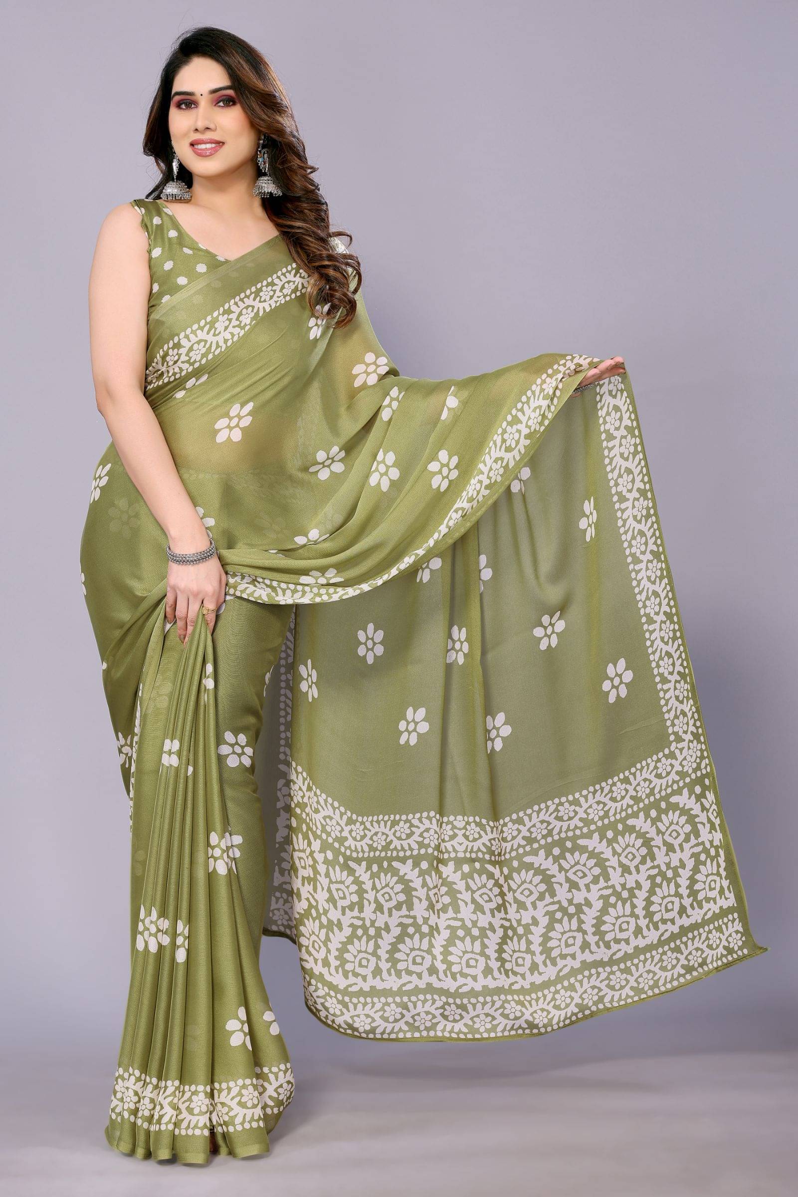     			FABMORA Chiffon Printed Saree With Unstitched Blouse Piece ( Green )