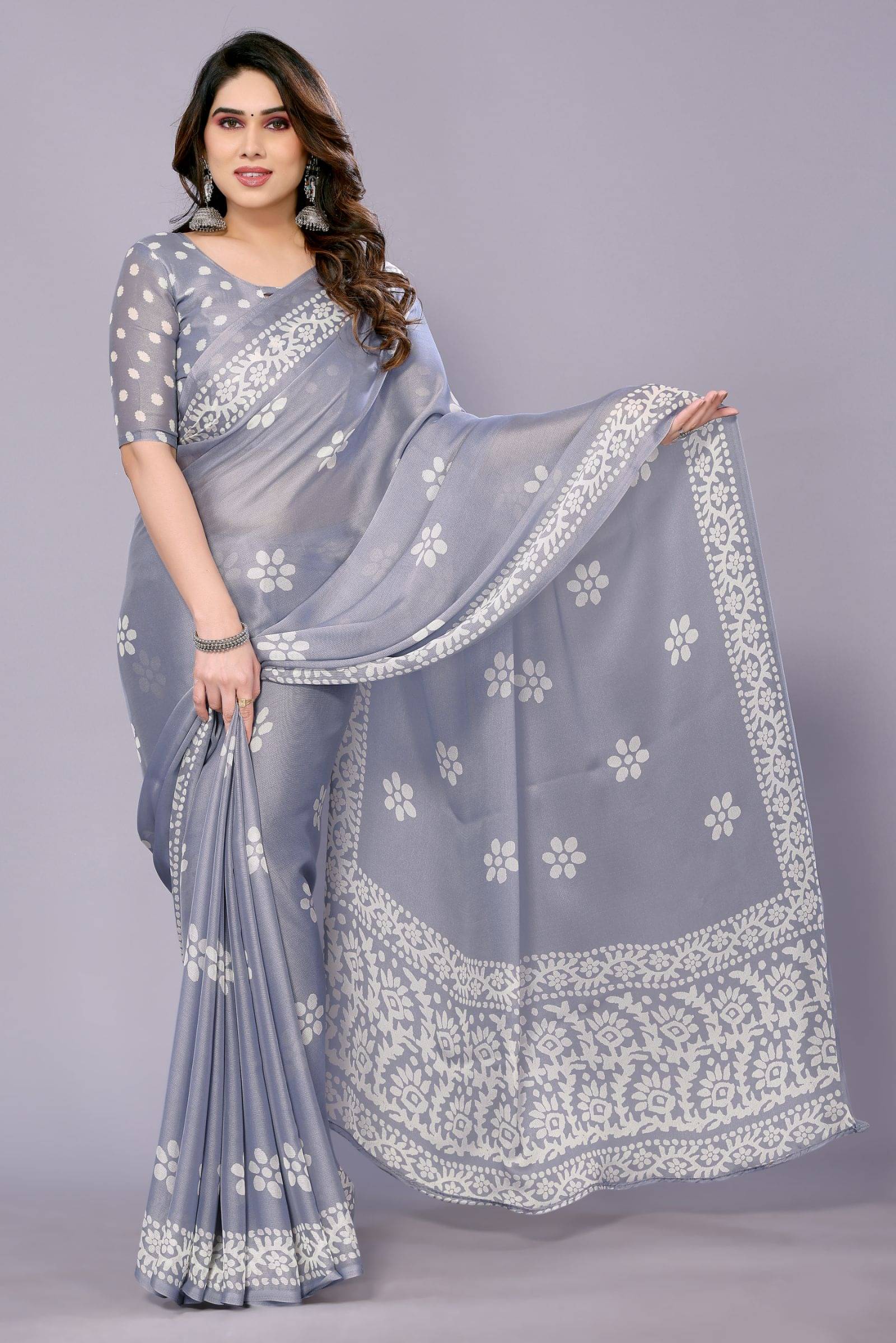 FABMORA Chiffon Printed Saree With Unstitched Blouse Piece ( Grey ) FABMORA Chiffon Printed Saree With Unstitched Blouse Piece ( Grey )