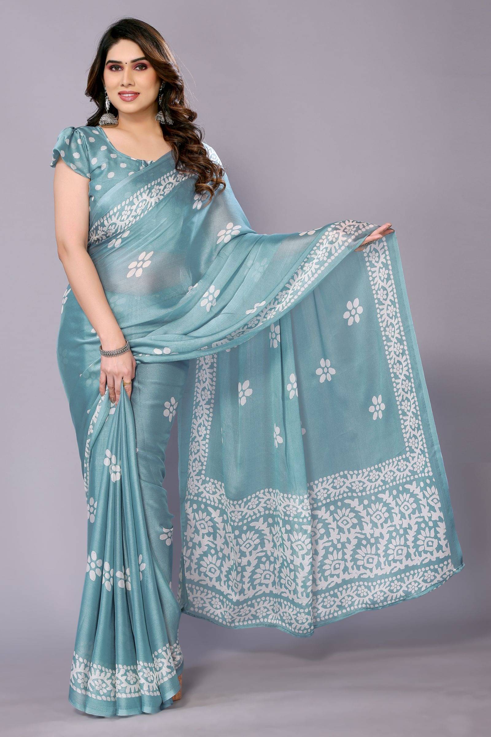 FABMORA Chiffon Printed Saree With Unstitched Blouse Piece ( Teal ) FABMORA Chiffon Printed Saree With Unstitched Blouse Piece ( Teal )