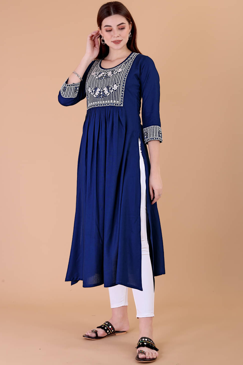 Glomee - Blue Rayon Women's Nayra Kurti ( Pack of 1 ) Glomee - Blue Rayon Women's Nayra Kurti ( Pack of 1 )
