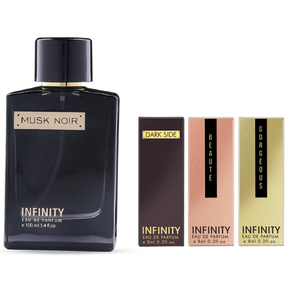     			Infinity Musk Noir 100ml Eau De Parfum with (Beaute, Gorgeous, Dark Side) EDP 8ml Each Long Lasting Unisex Premium Gift Set Pack of 4