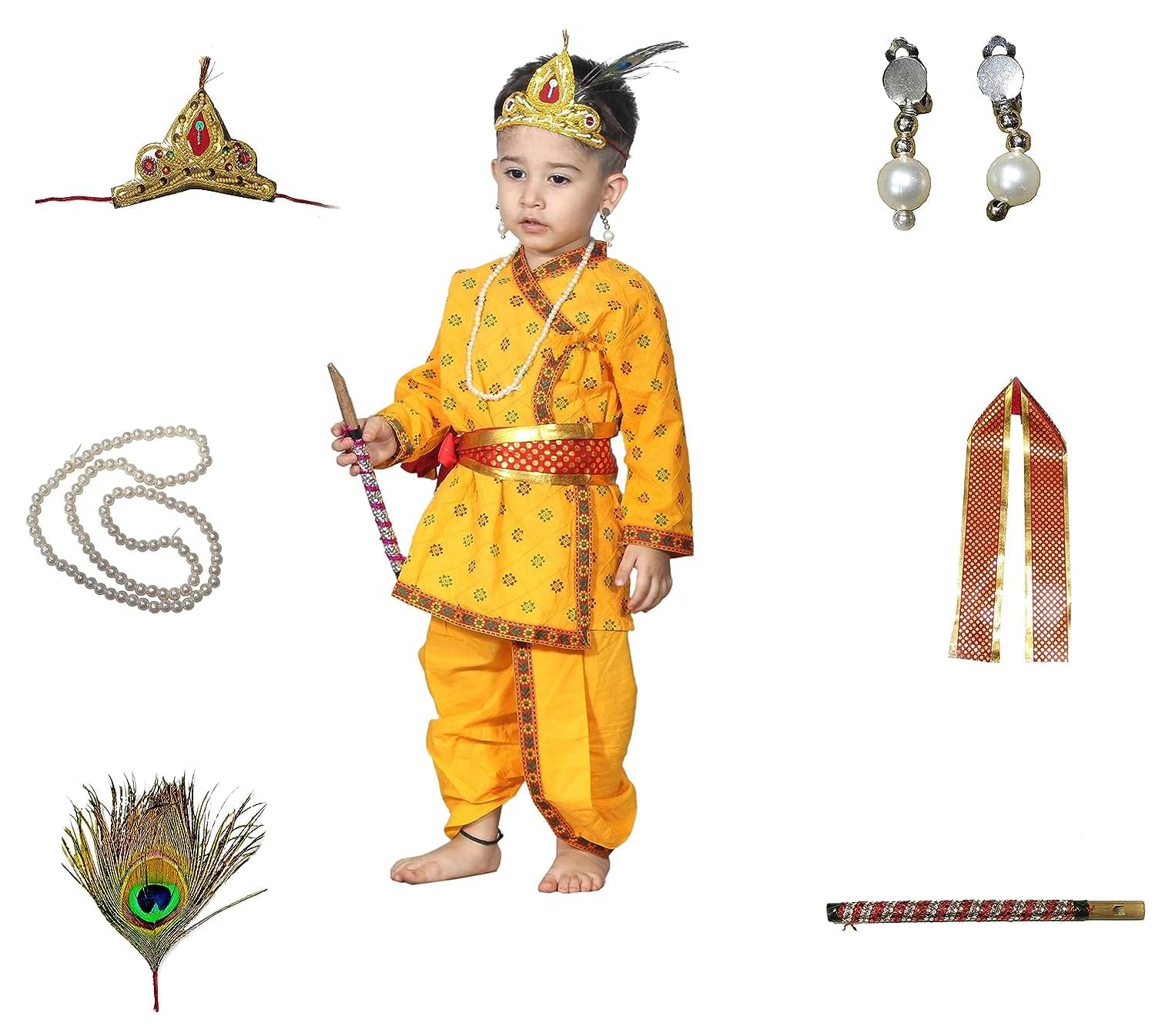     			Kaku Fancy Dresses Cotton Krishna Costume for Kids, Baby Krishna Dress for Janmashtami, Kanha Dress, Krishnaleela Costume, Infant Bal Gopal, Krishna Fancy Dress Costume for Boys/Girls