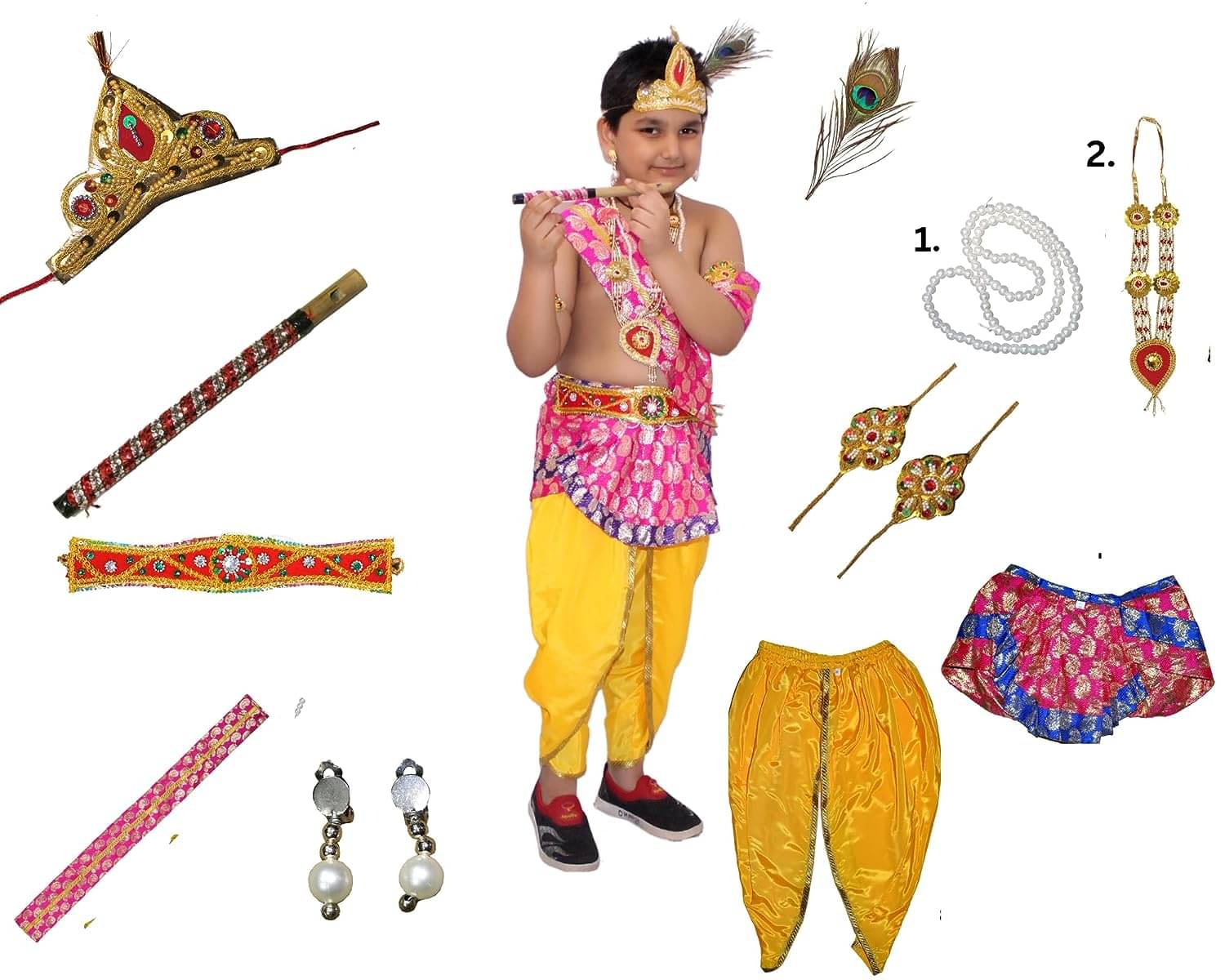     			Kaku Fancy Dresses Krishna Costume for Boy/Janmashtami/Bal Gopal Dress/Kanha Costume/Bal Krishna/Mythological Costume for Boy - Yellow-Pink, 1-2 Years
