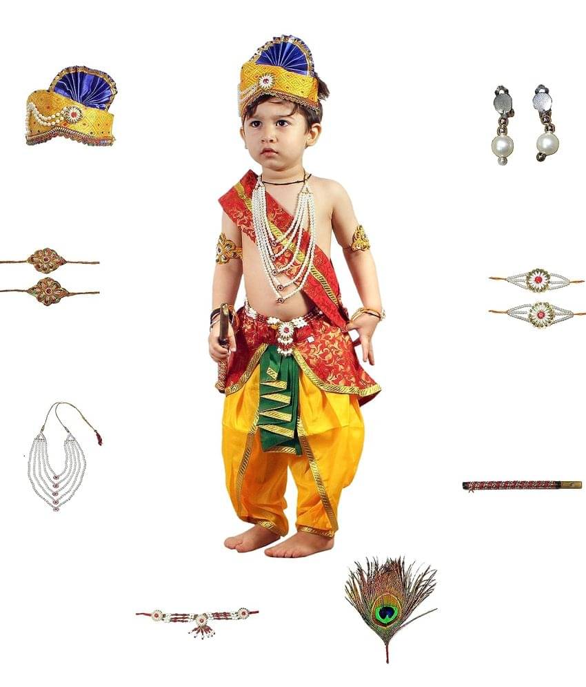     			Kaku Fancy Dresses Krishna Costume for Kids Infant Baby Krishna Dress for Boys (Set of 11 - Red Dhoti, Patka(Stole), Belt, Fabric Mukut, Layer Pearl Mala, Moti Bajuband, Earrings, Bansuri & Morpankh)