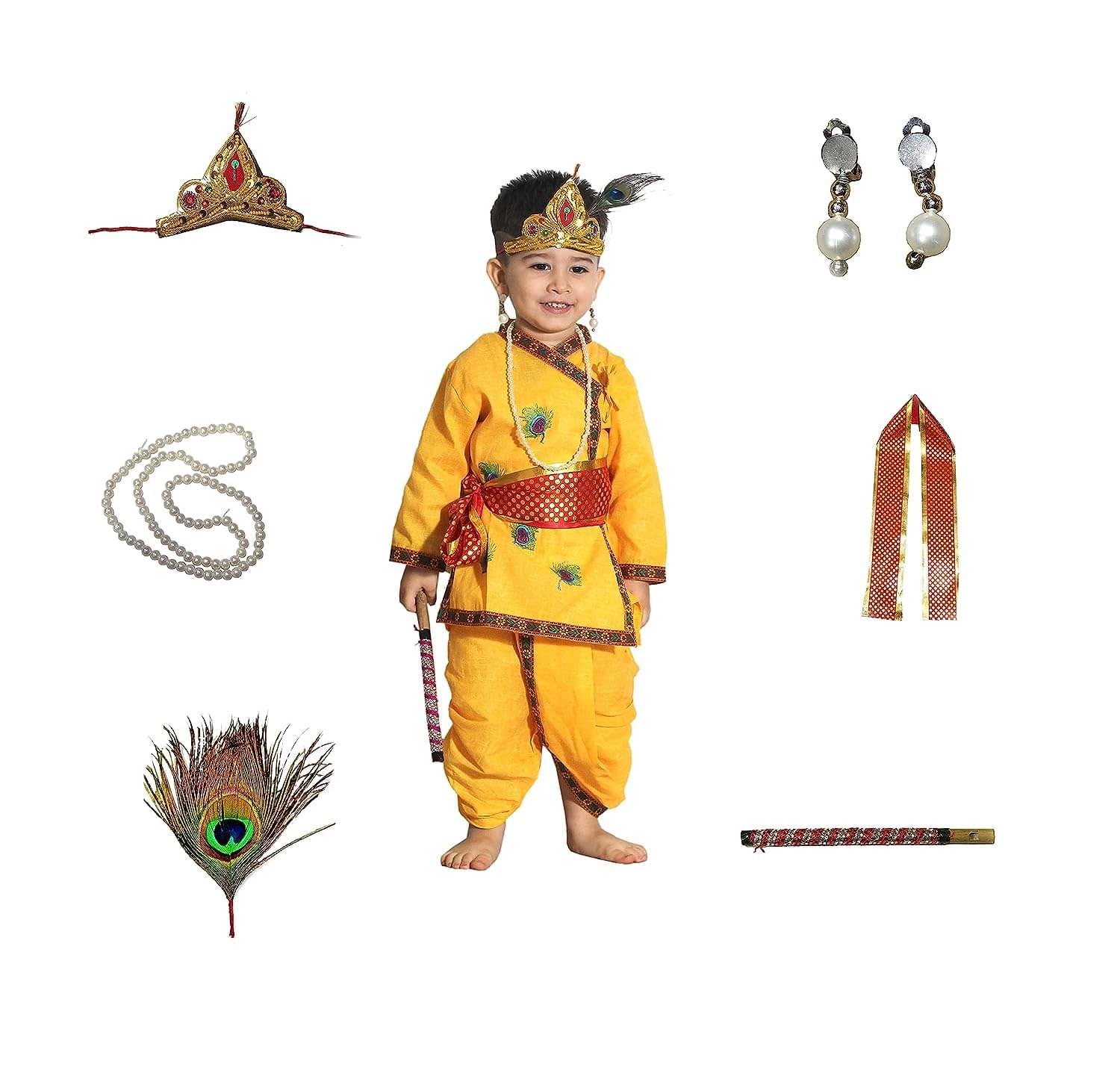     			Kaku Fancy Dresses Krishna Pankh Costume In Cotton Fabric,Krishnaleela/Janmashtami/Kanha/Mythological Character Costume -Yellow, 3-6 Months, For Boys