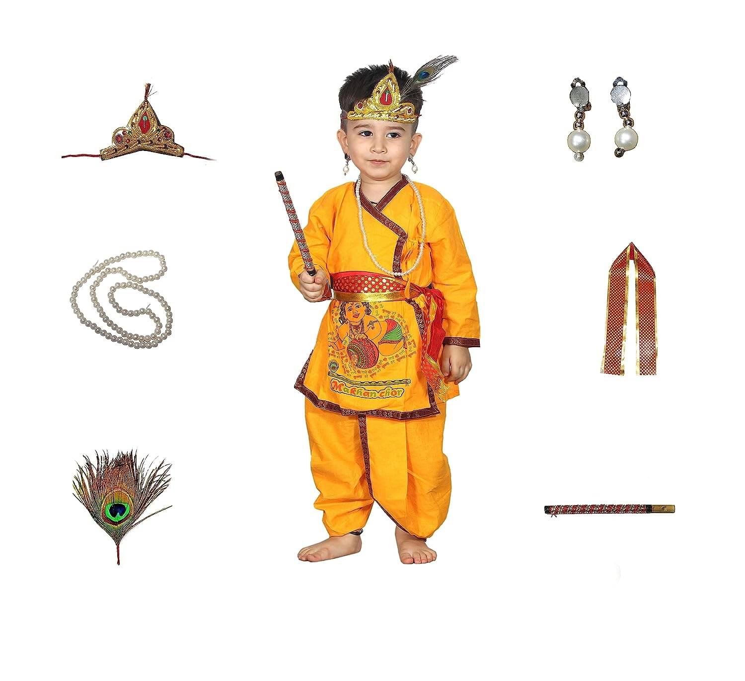 Kaku Fancy Dresses Krishna in Cotton Fabric for Krishnaleela/Janmashtami/Kanha/Mythological Character Costume -Yellow, 3-6 Months, for Boys Kaku Fancy Dresses Krishna in Cotton Fabric for Krishnaleela/Janmashtami/Kanha/Mythological Character Costume -Yellow, 3-6 Months, for Boys