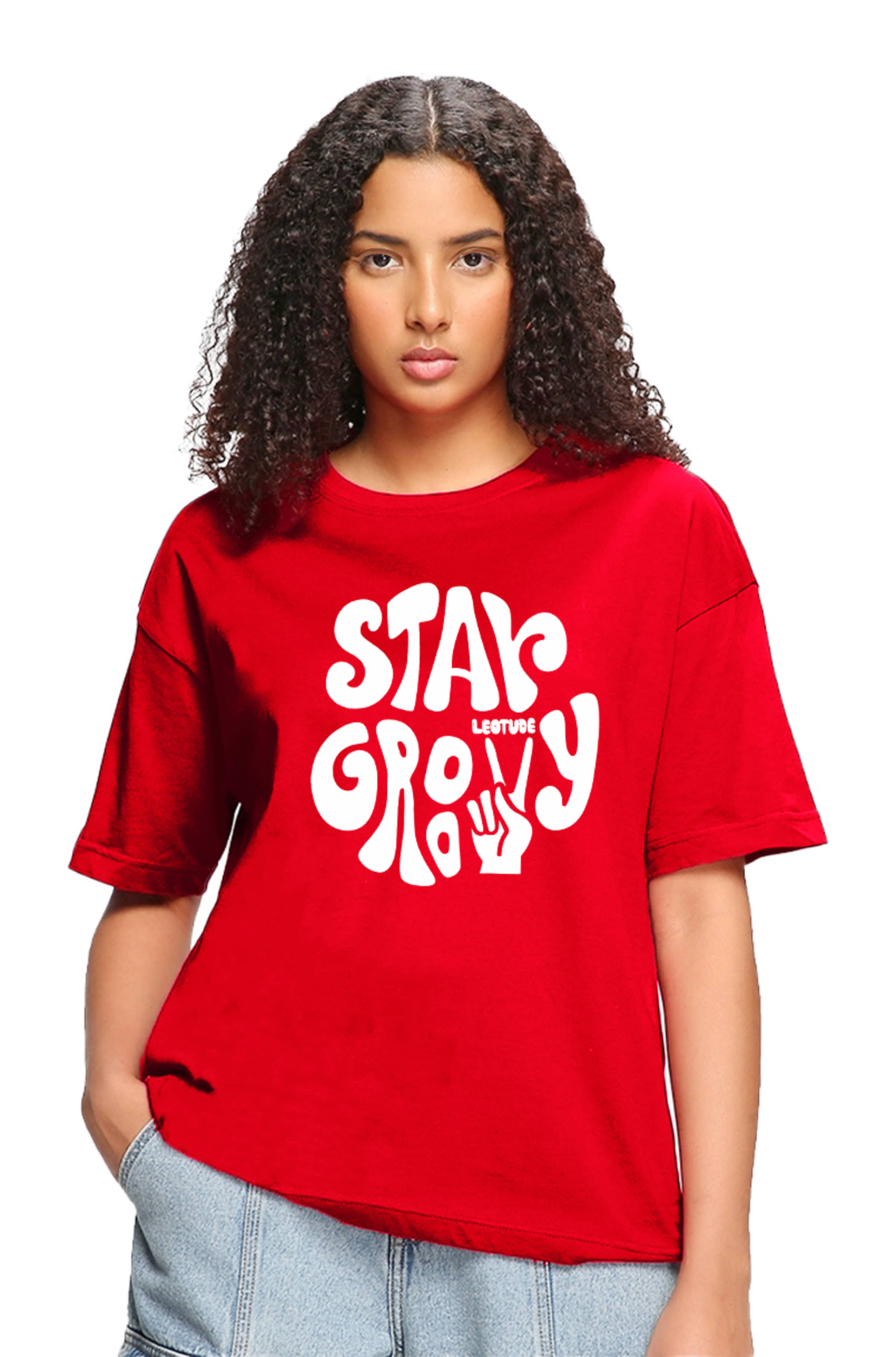 Leotude Women Cotton Blend Printed Oversized Fit Round Neck T-Shirt ( Red )