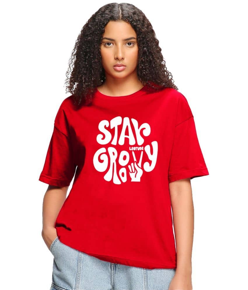 Leotude Women Cotton Blend Printed Oversized Fit Round Neck T-Shirt ( Red )
