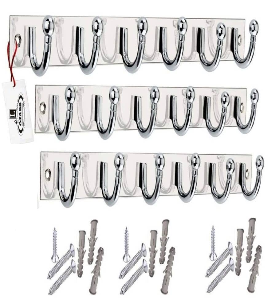 ONJECX Stainless Steel & Aluminium Premium Heavy Quality - 6 PIN  GOLI Cloth Hanger Bathroom Wall Door Hooks with 9 Screw and 9 Grip (Pack of 3 pcs) GHS06SS3