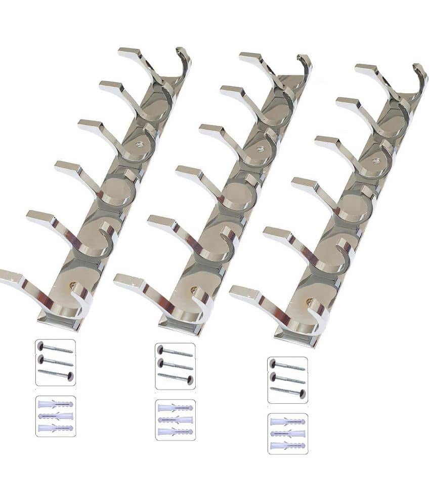 ONJECX Stainless Steel & Aluminium Premium Heavy Quality - 6 PIN Duck Cloth Hanger Bathroom Wall Door Hooks with 6 Screw and 6 Grip (Pack of 3 pcs) DHS06SS3