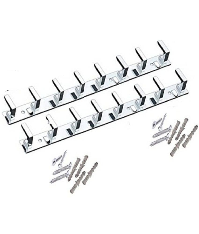 ONJECX Stainless Steel & Aluminium Premium Heavy Quality - 8 PIN L Save Cloth Hanger Bathroom Wall Door Hooks with 8 Screw and 8 Grip (Pack of 2 pcs) LHS08SS2
