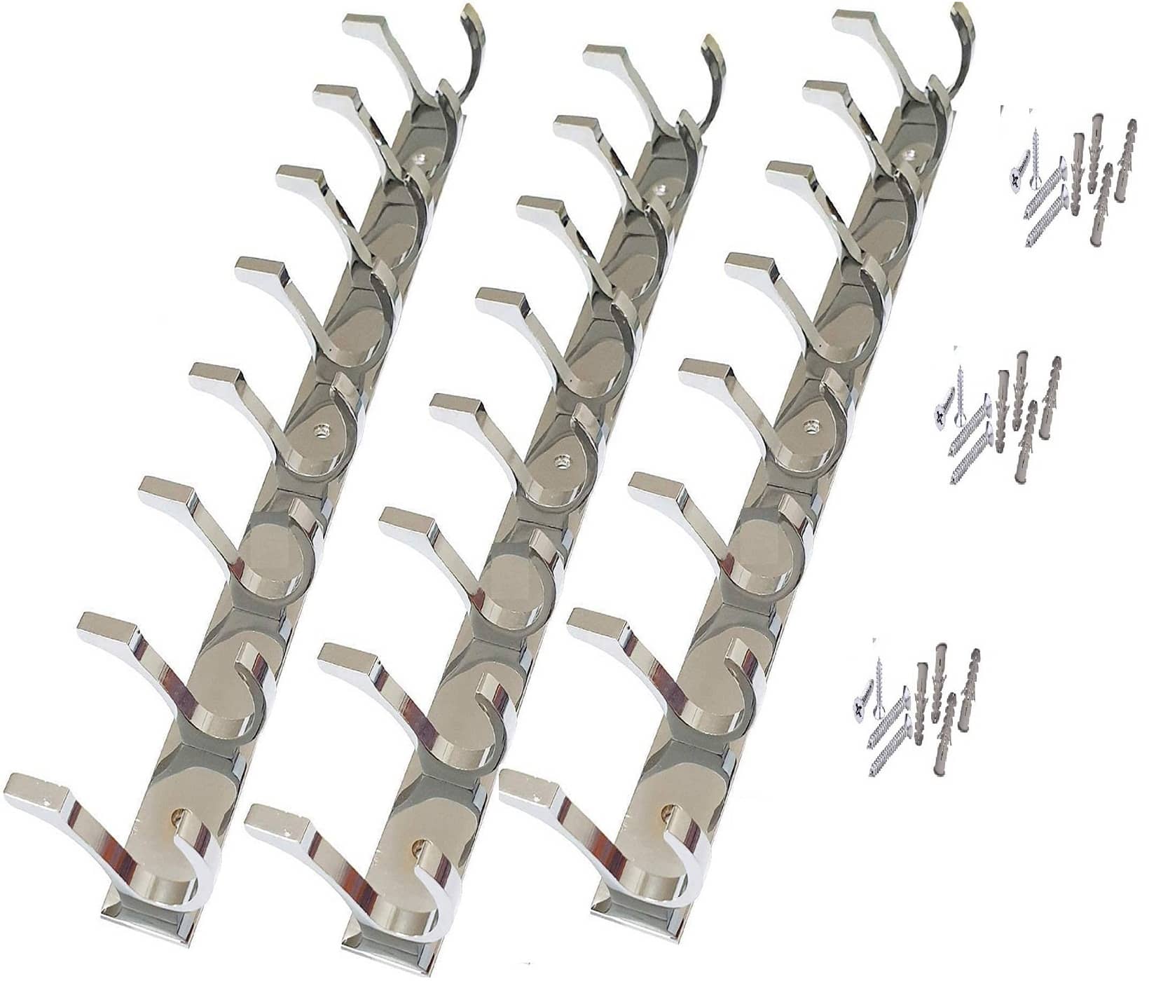 ONJECX Stainless Steel & Aluminium Premium Heavy Quality - 8 PIN Duck Cloth Hanger Bathroom Wall Door Hooks with 12 Screw and 12 Grip (Pack of 3 pcs) DHS08SS3