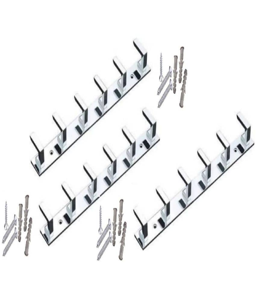 ONJECX Stainless Steel & Aluminium Premium Heavy Quality - 6 PIN L Save Cloth Hanger Bathroom Wall Door Hooks with 9 Screw and 9 Grip (Pack of 3 pcs) LHS06SS3