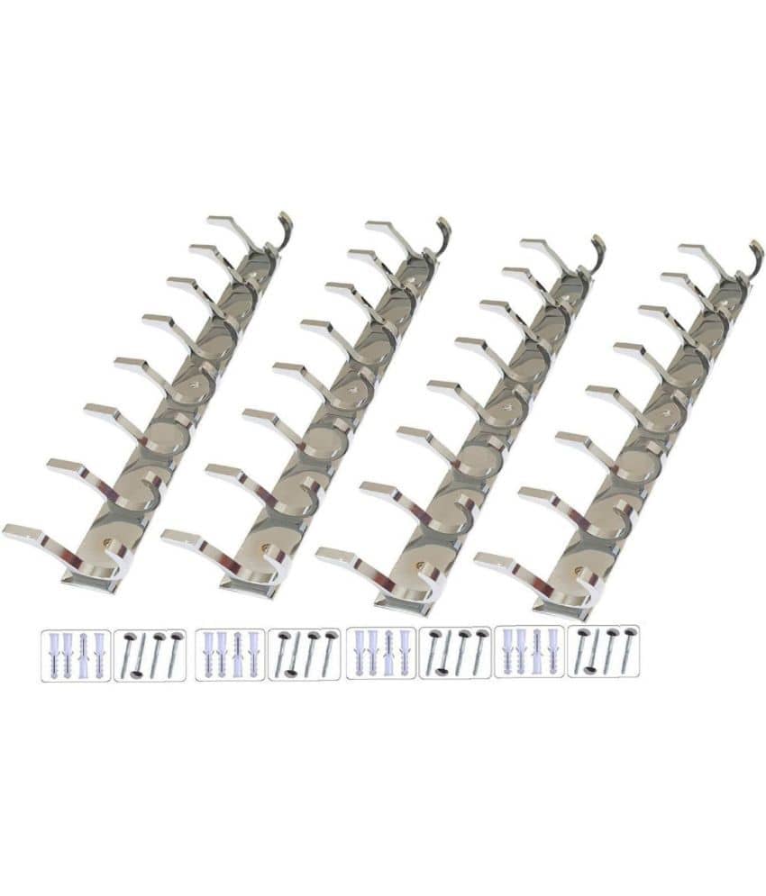 ONJECX Stainless Steel & Aluminium Premium Heavy Quality - 8 PIN Duck Cloth Hanger Bathroom Wall Door Hooks with 16 Screw and 16 Grip (Pack of 4 pcs) DHS08SS4