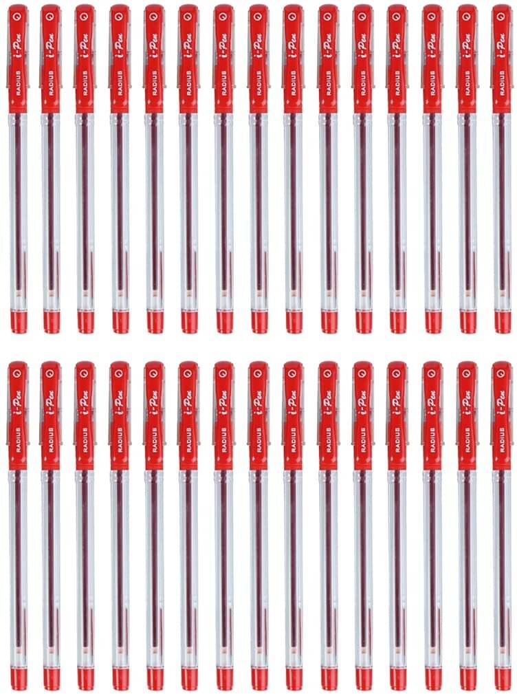     			Radius i-Pen Push Cap Ball Point Pen | Tip Size 0.7 mm | Low Viscocity Ink | Free Flow Ink System | Ball Point Pen Set | Pens for Students | Office Stationery Items | Red, Pack of 10 Pieces x 3 Box