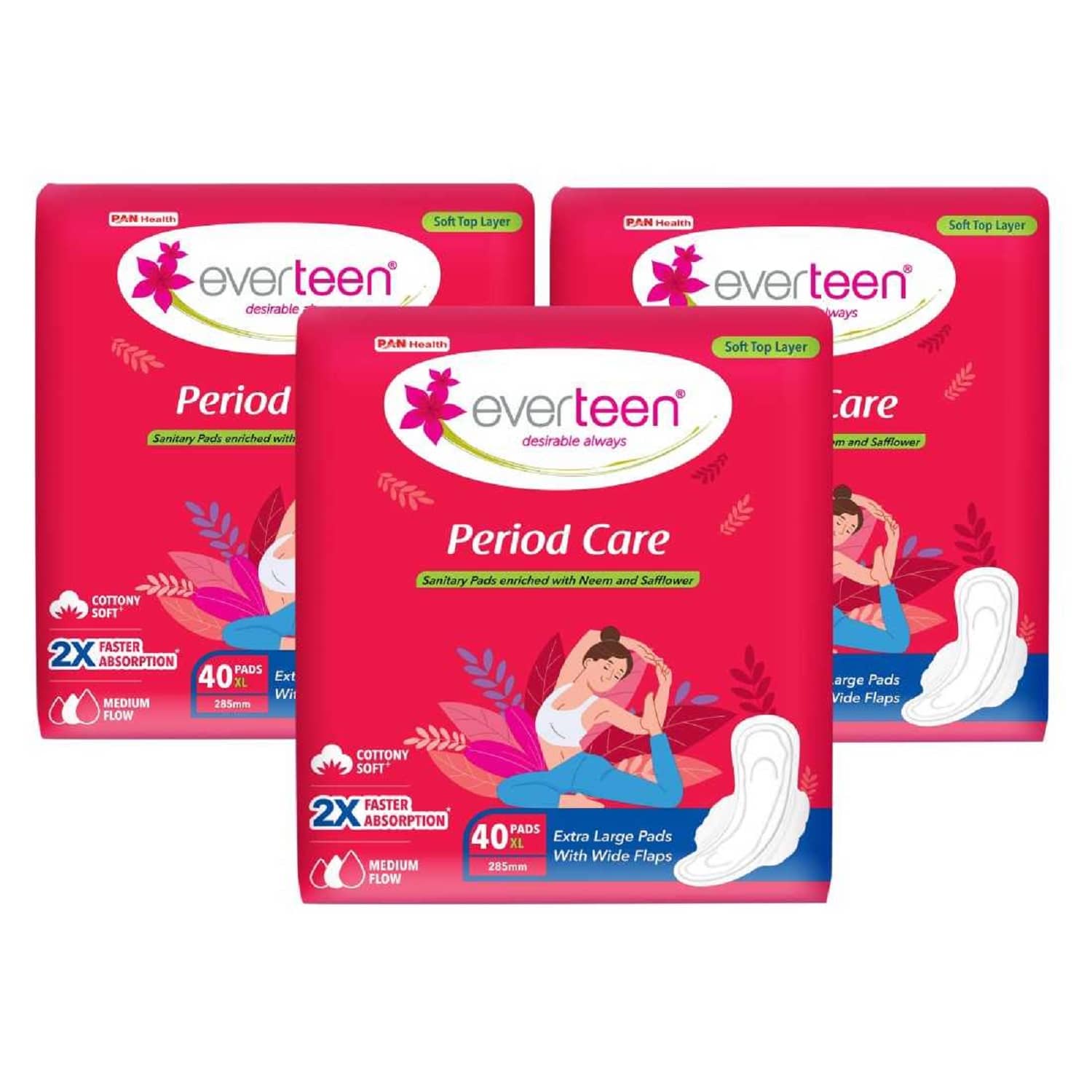 Everteen Period Care XL Soft Sanitary Pads For Medium Flow, 40 Pads Each (Pack of 3)