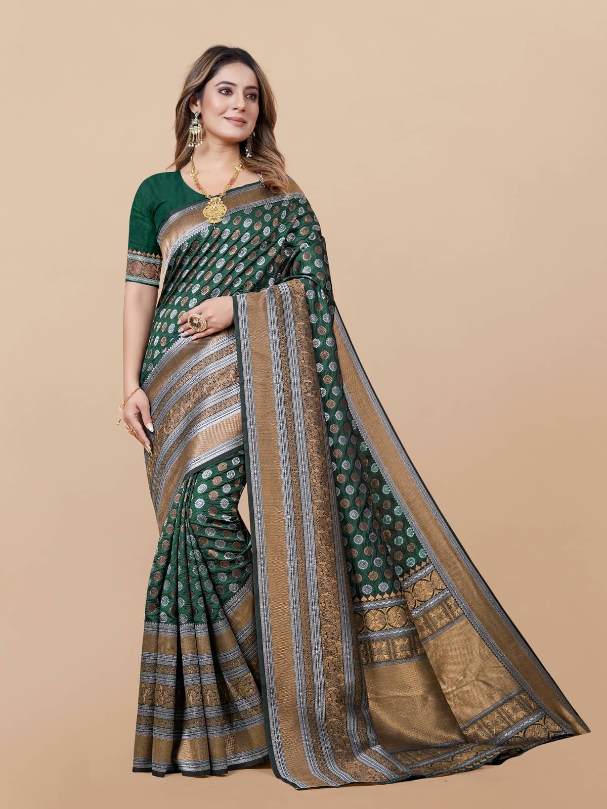Gazal Fashions Banarasi Silk Printed Saree With Unstitched Blouse Piece ( Green ) - Sarees | Buy online on ZillyBuy