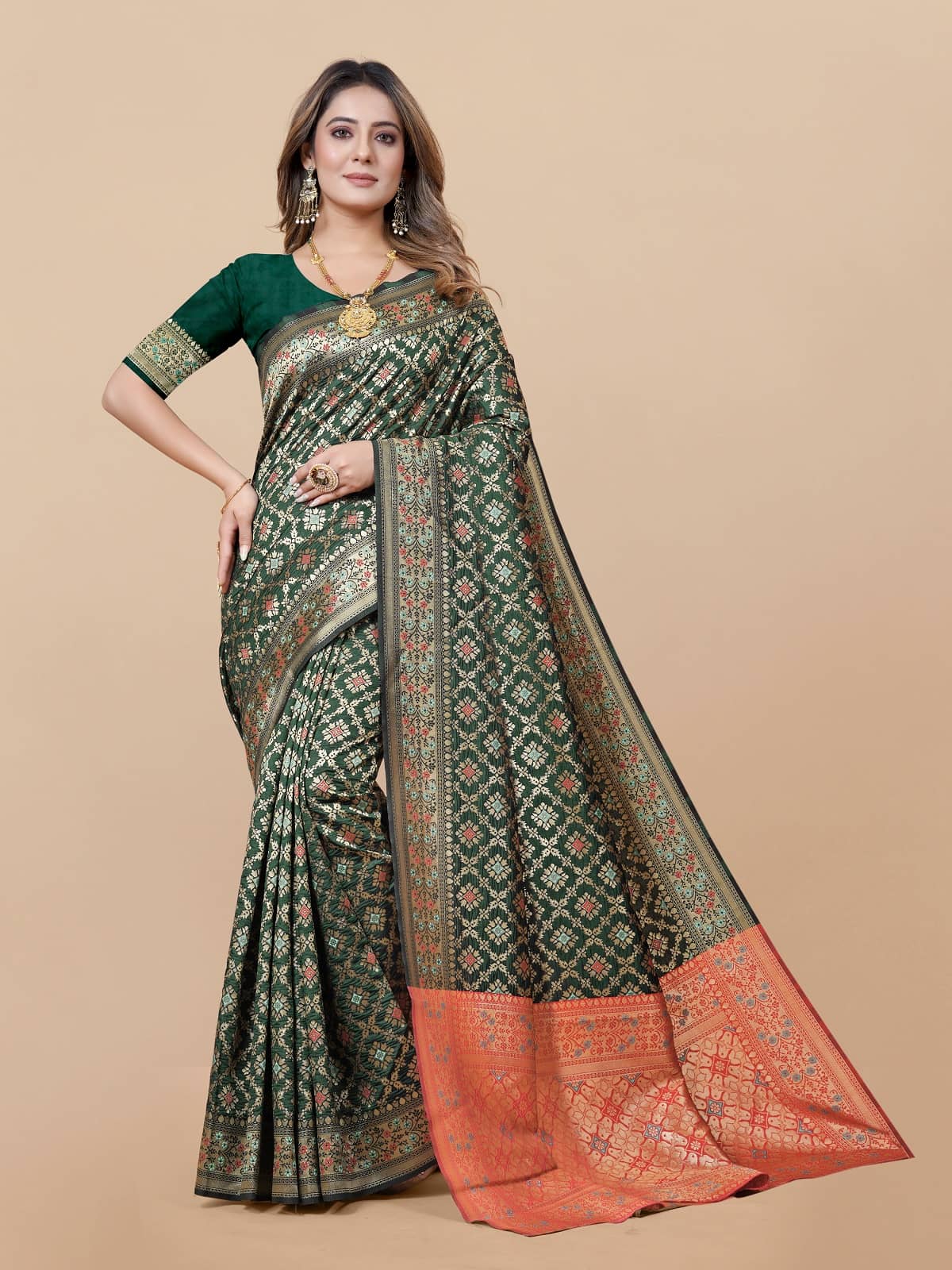 Gazal Fashions Banarasi Silk Embellished Saree With Unstitched Blouse Piece ( Green ) - Sarees | Buy online on ZillyBuy
