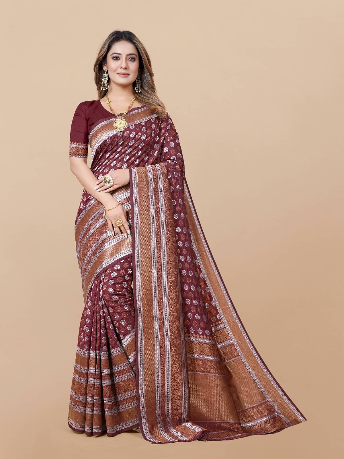     			Gazal Fashions Banarasi Silk Printed Saree With Unstitched Blouse Piece ( Maroon )