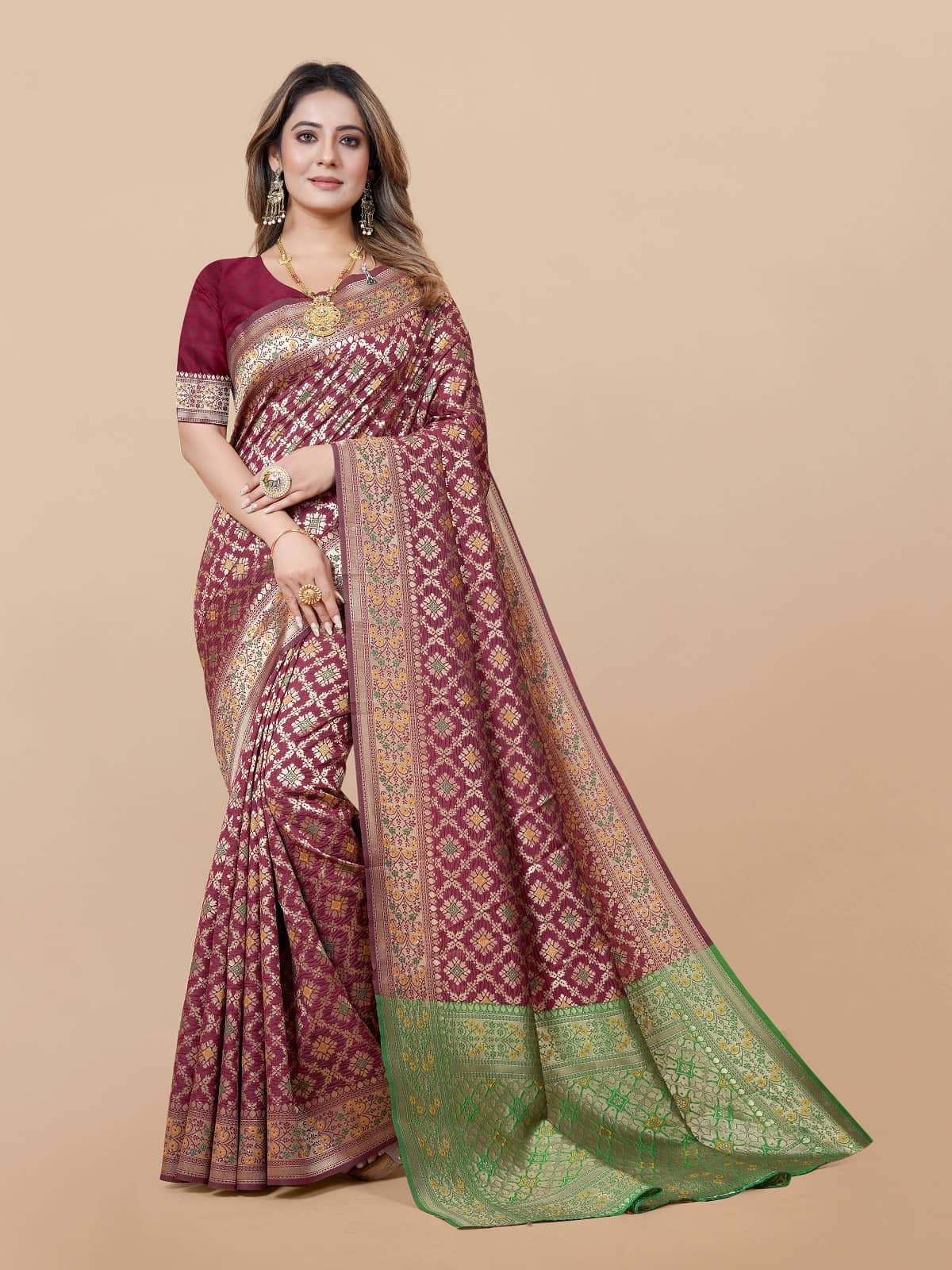 Gazal Fashions Banarasi Silk Embellished Saree With Unstitched Blouse Piece ( Maroon ) - Sarees | Buy online on ZillyBuy