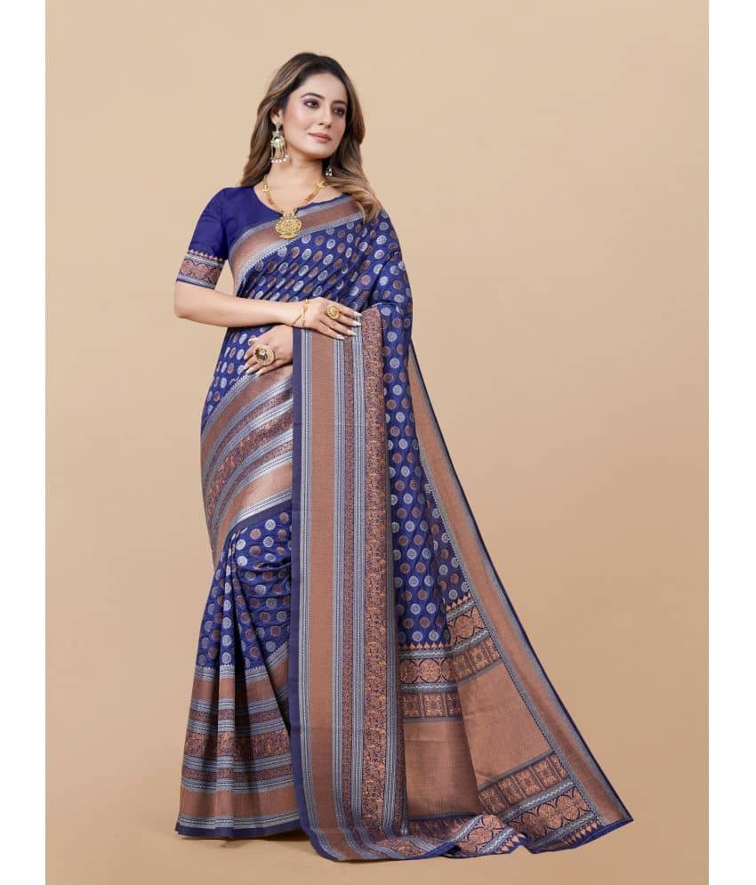 Gazal Fashions Banarasi Silk Printed Saree With Unstitched Blouse Piece ( Navy Blue ) - Sarees | Buy online on ZillyBuy