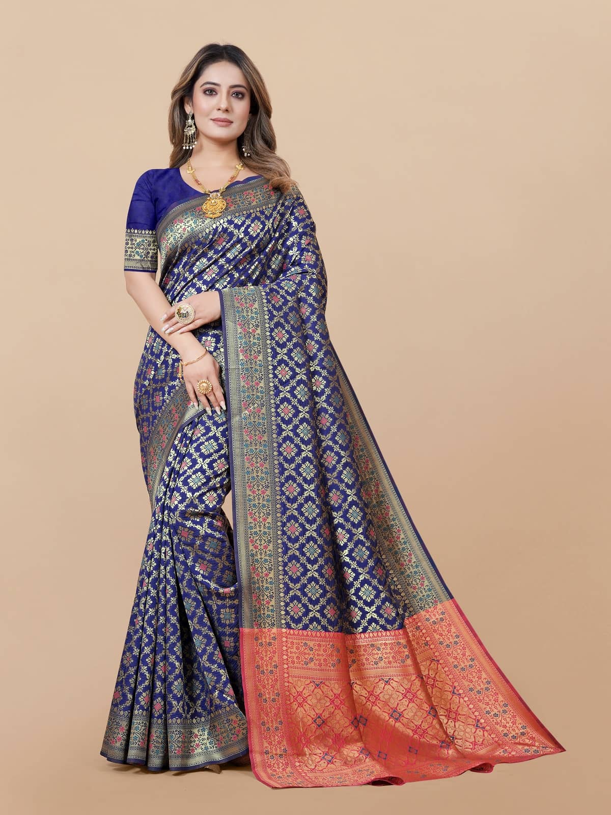 Gazal Fashions Banarasi Silk Embellished Saree With Unstitched Blouse Piece ( Navy Blue ) - Sarees | Buy online on ZillyBuy