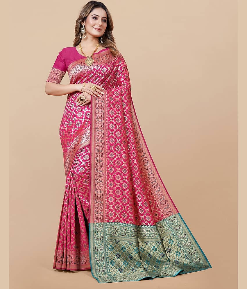 Gazal Fashions Banarasi Silk Embellished Saree With Unstitched Blouse Piece ( Pink ) - Sarees | Buy online on ZillyBuy