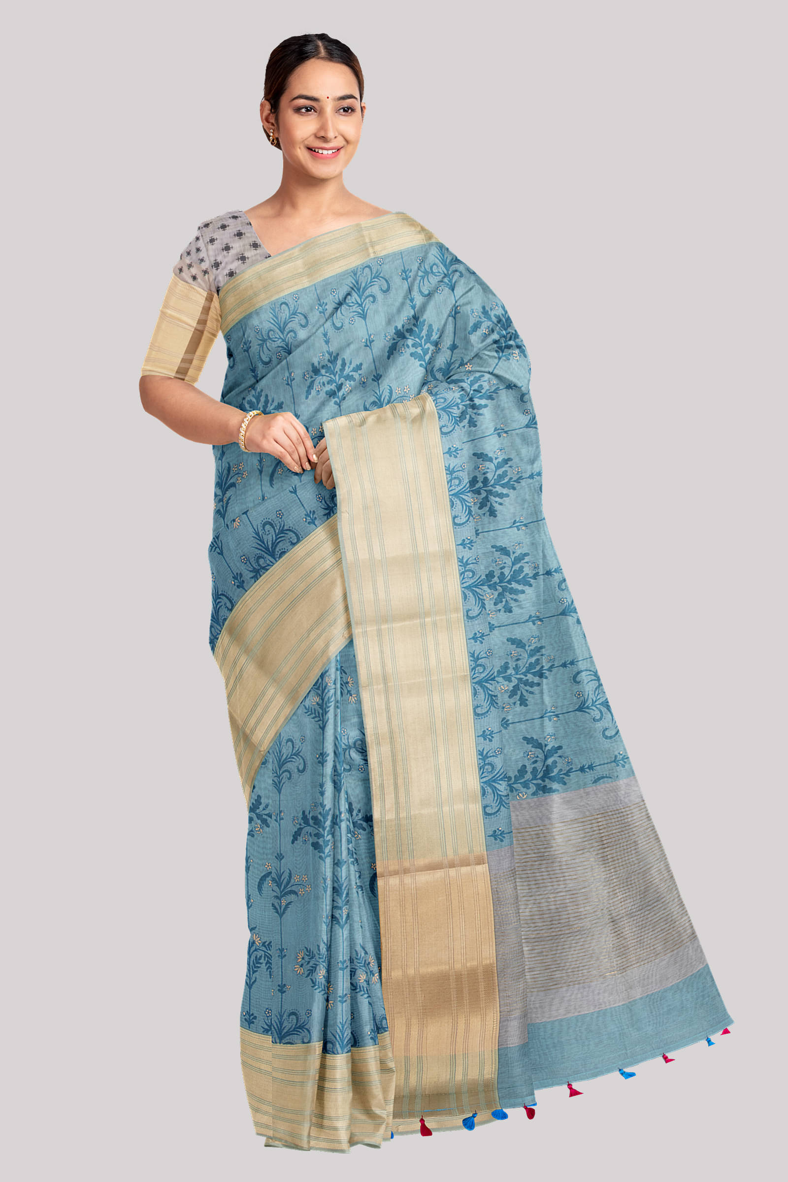     			KSR HANDLOOM PVT LTD Silk Printed Saree With Unstitched Blouse Piece ( Blue )