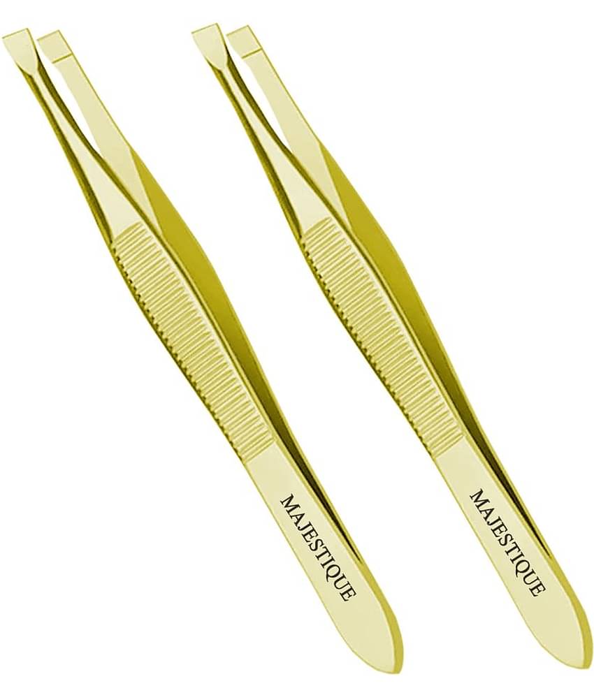 Majestique Tweezers for Eyebrows Slant Tip Stainless Steel Eyebrow Pluker for Women, Men - Pack of 2