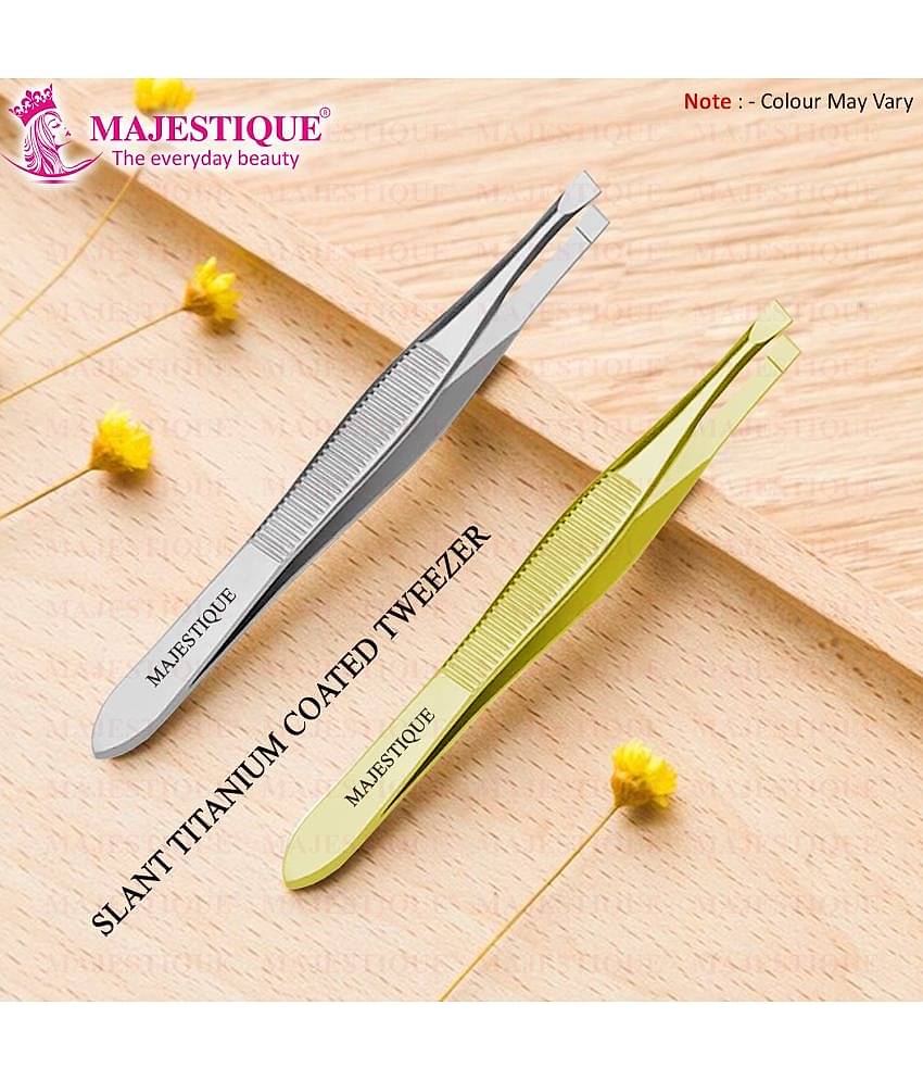 Majestique Tweezers for Eyebrows Slant Tip Stainless Steel Eyebrow Pluker for Women, Men - Pack of 2