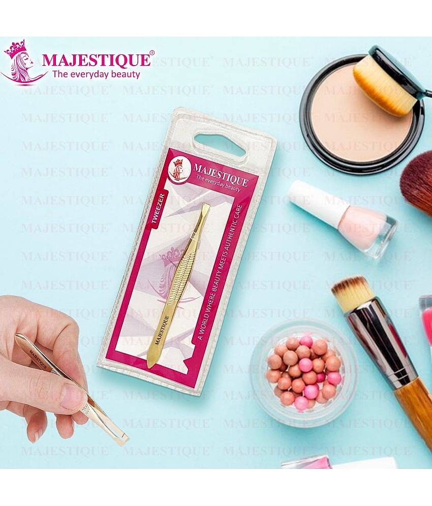 Majestique Tweezers for Eyebrows Slant Tip Stainless Steel Eyebrow Pluker for Women, Men - Pack of 2