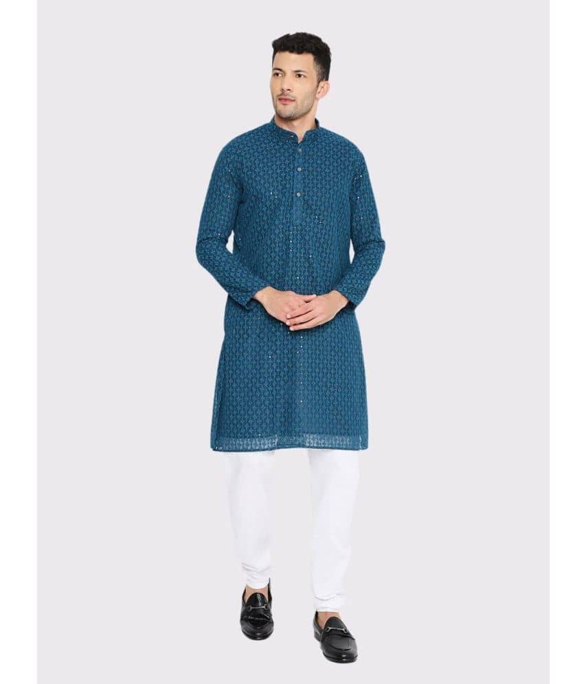 Maharaja - Blue Georgette Regular Fit Men's Kurta Pyjama Set ( Pack of 1 ) - Kurtas & Kurta Sets | Buy online on ZillyBuy