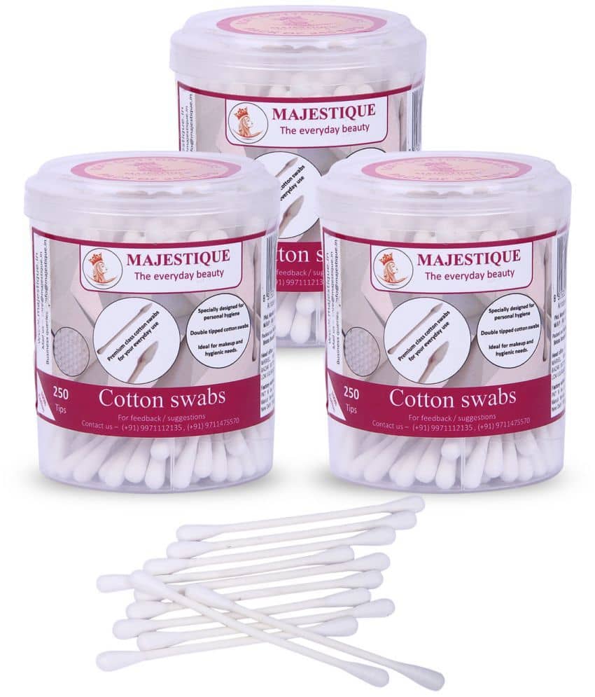 Majestique Cotton Swabs Sticks, Round Box, Gentle on Face, Ear Cleaning Pack of 3 - Color May Vary