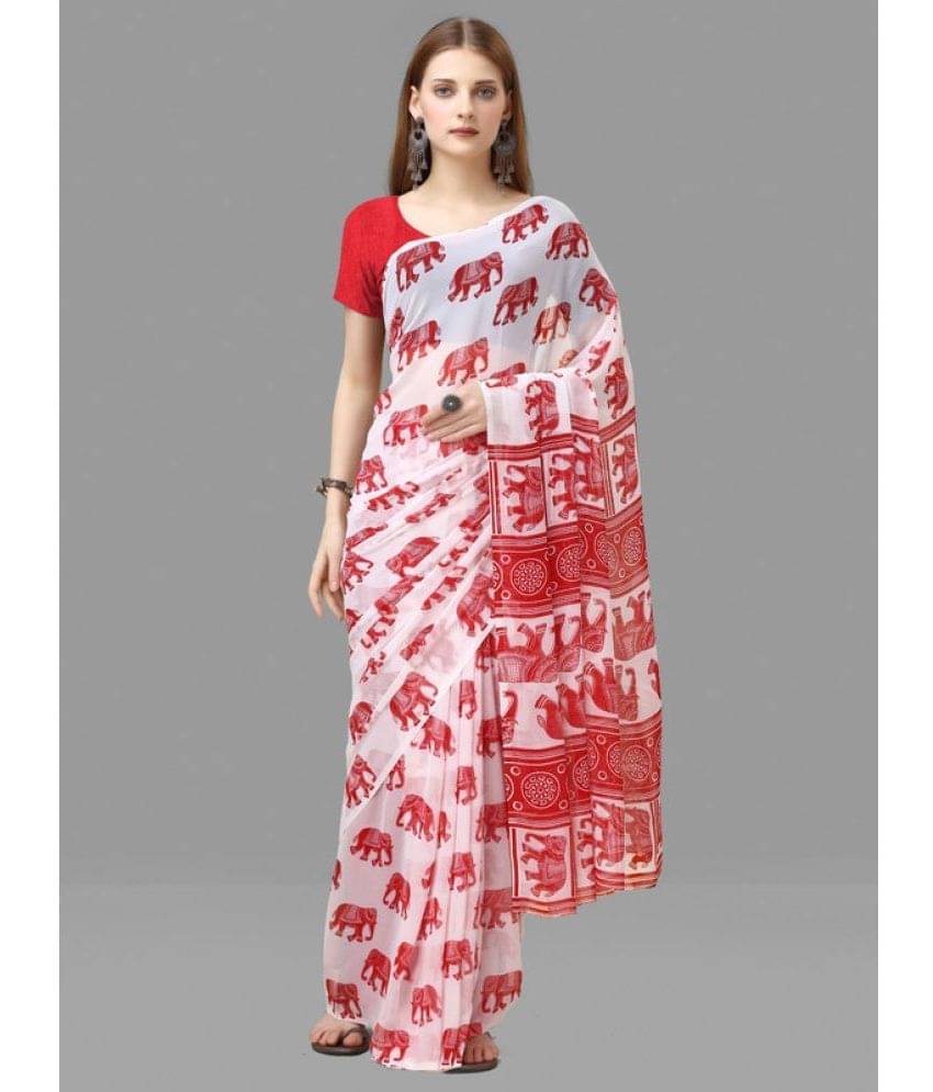     			Sanjana Silks Georgette Printed Saree With Unstitched Blouse Piece ( White )