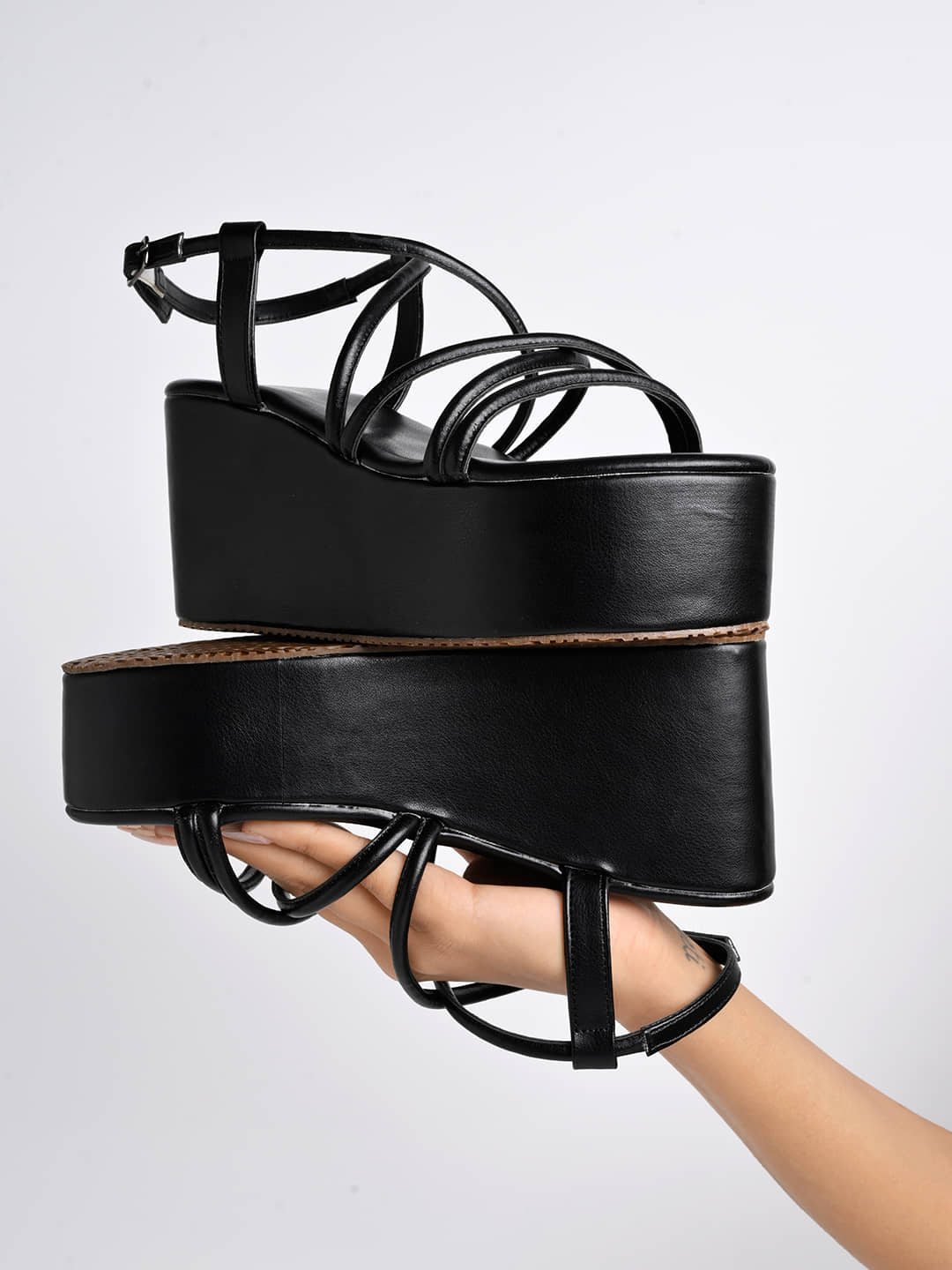 Shoetopia Multi Straps Casual Black Flatforms & Girls