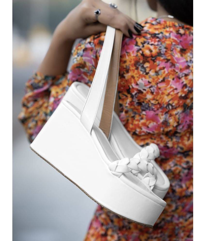 Shoetopia Stylish Braid Style Strap White Platform Heels & Girls Shoetopia Stylish Braid Style Strap White Platform Heels & Girls