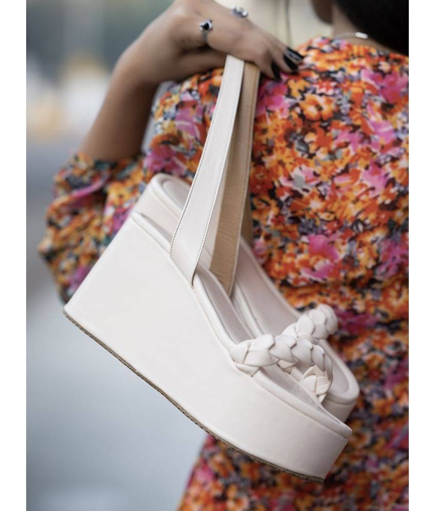 Shoetopia Stylish Braid Style Strap Cream Platform Heels & Girls Shoetopia Stylish Braid Style Strap Cream Platform Heels & Girls