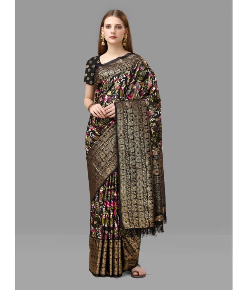 Sitanjali Silk Blend Printed Saree With Unstitched Blouse Piece ( Black ) - Sarees | Buy online on ZillyBuy