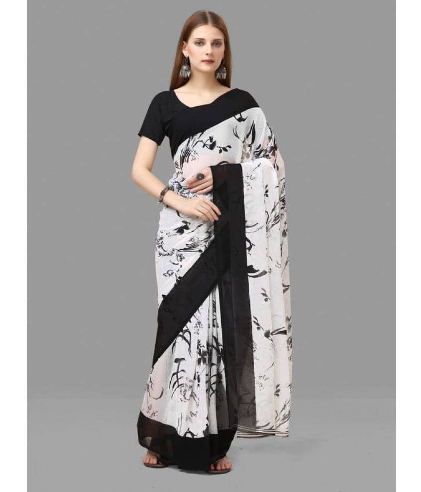     			Sitanjali Lifestyle Georgette Printed Saree With Unstitched Blouse Piece ( White )