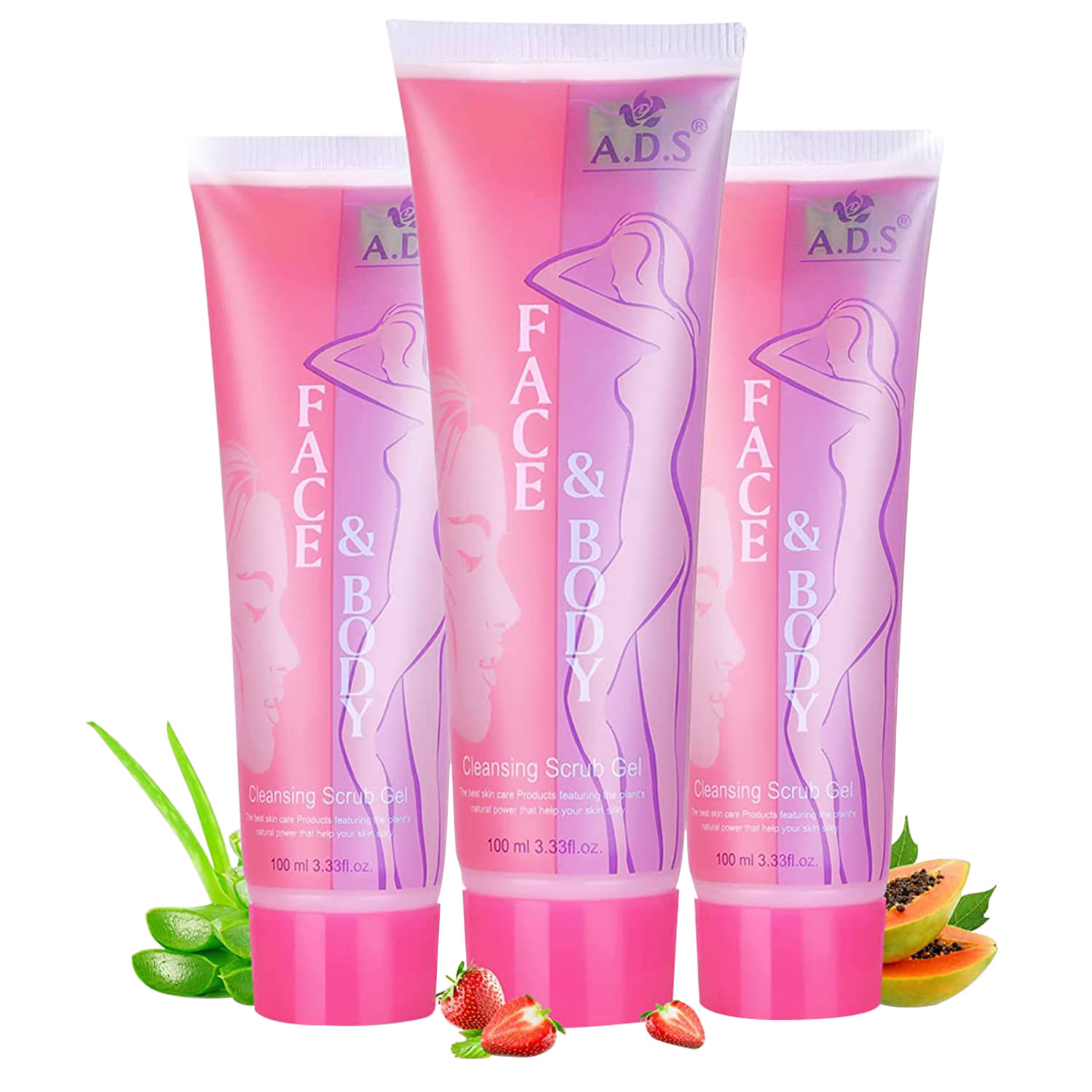 A.D.S. Face & Body Cleansing Scrub Gel Aloe Vera, Papaya & Strawberry, 100ml Each ( Pack of 3 )     			A.D.S. Face & Body Cleansing Scrub Gel Aloe Vera, Papaya & Strawberry, 100ml Each ( Pack of 3 )